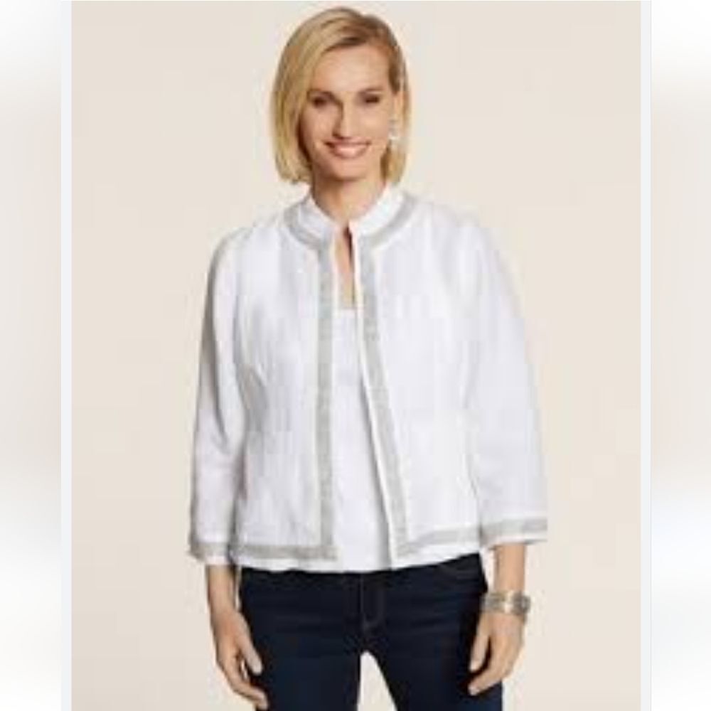 Chico's 100% Linen White Jacket Wiih Silver Beading and Sequins